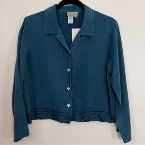 NWOT Coldwater Creek Top Shirt Size Petite Medium Blue Embroidery Tencel.